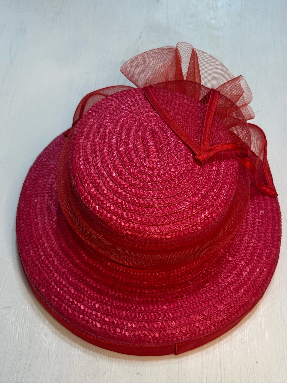 Red Straw Church Derby Hat Wide Brim Floral Mesh Fascinator Kentucky Derby Tea - Picture 9 of 9